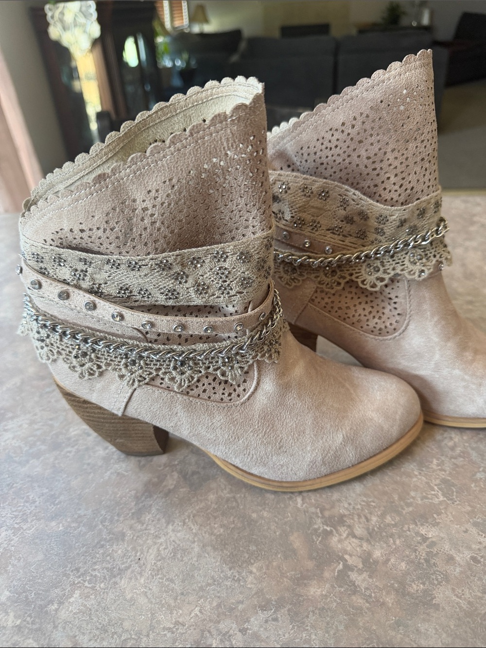 Not Rated Taupe Scalloped Suede Ankle Booties with Chain Detail
